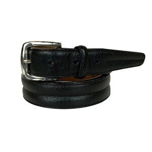 HS Trask Mens Belt Size 42 Black Bison Leather Silver-Tone Buckle Made in USA
